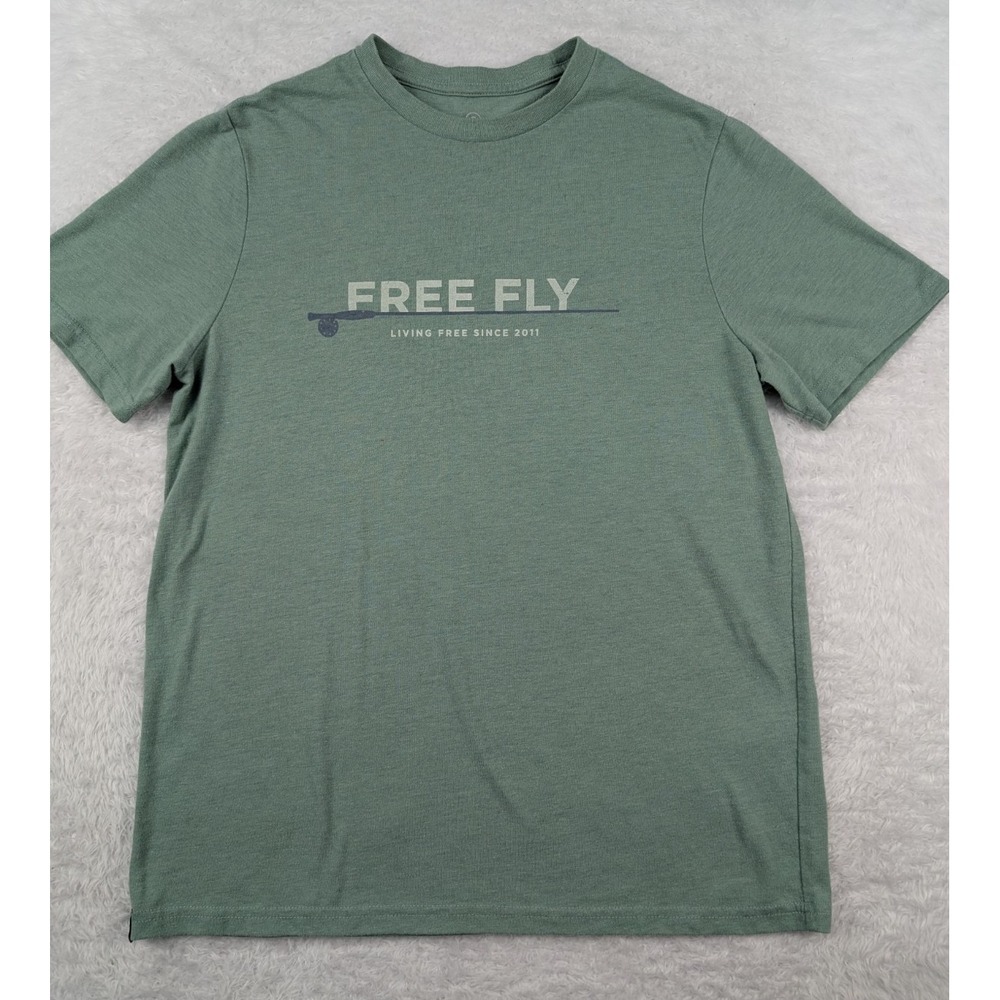 Free Fly T-Shirt Men's S Green Short Sleeve Fly Rod Fly Fishing Graphic - Picture 2 of 8